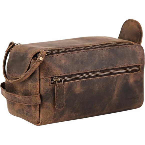 Unisex Distressed Tan Premium Buffalo Leather Toiletry Bag Travel Shaving kit - Picture 2 of 9